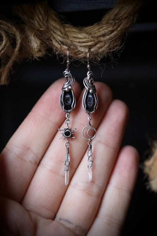 Small Sun and Moon Tiny Tabasco Geode Earrings in Antiqued Solid Sterling Silver