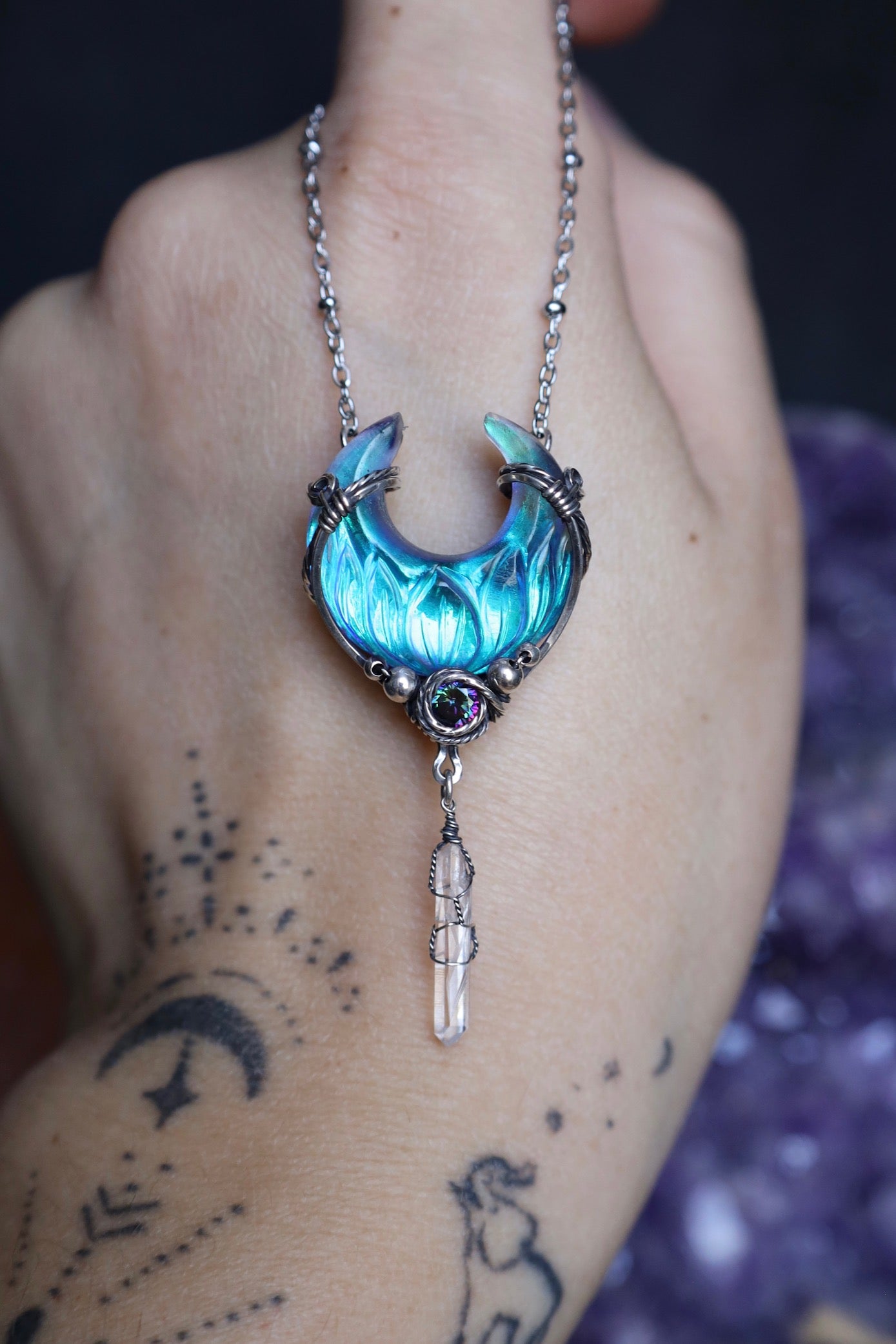 Labradorite Lotus Moon Doublet, Mystic Topaz and Quartz Necklace in Solid Sterling Silver