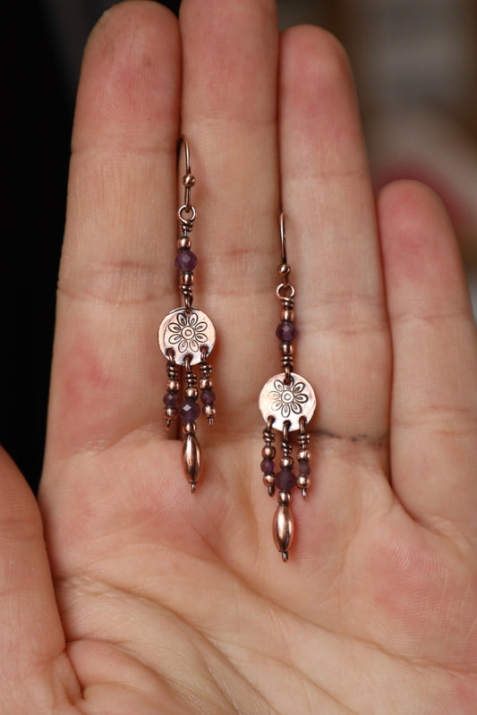 Flower Boho Amethyst Earrings in Copper