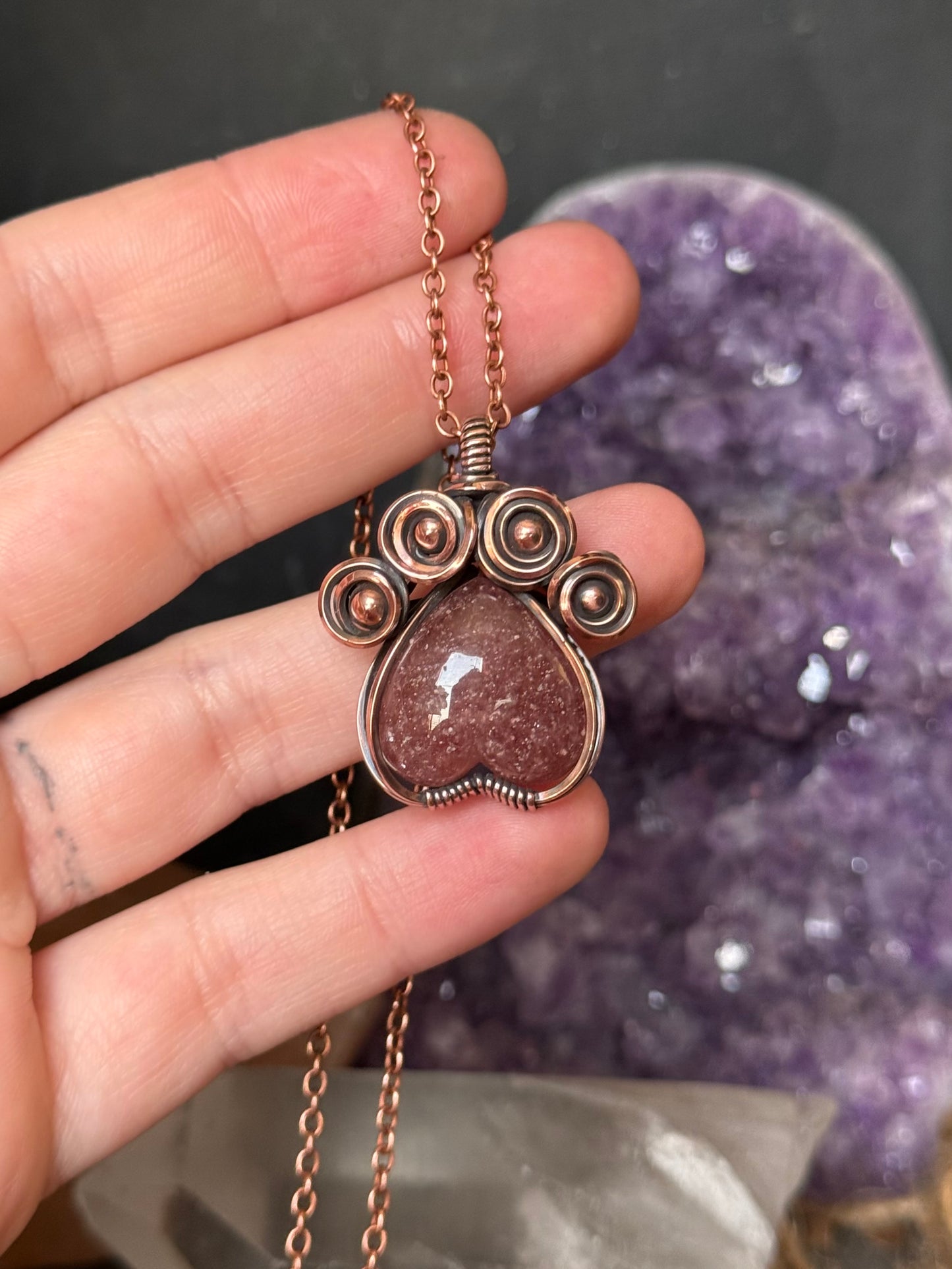 Strawberry Quartz Pawprint Pendant in Copper