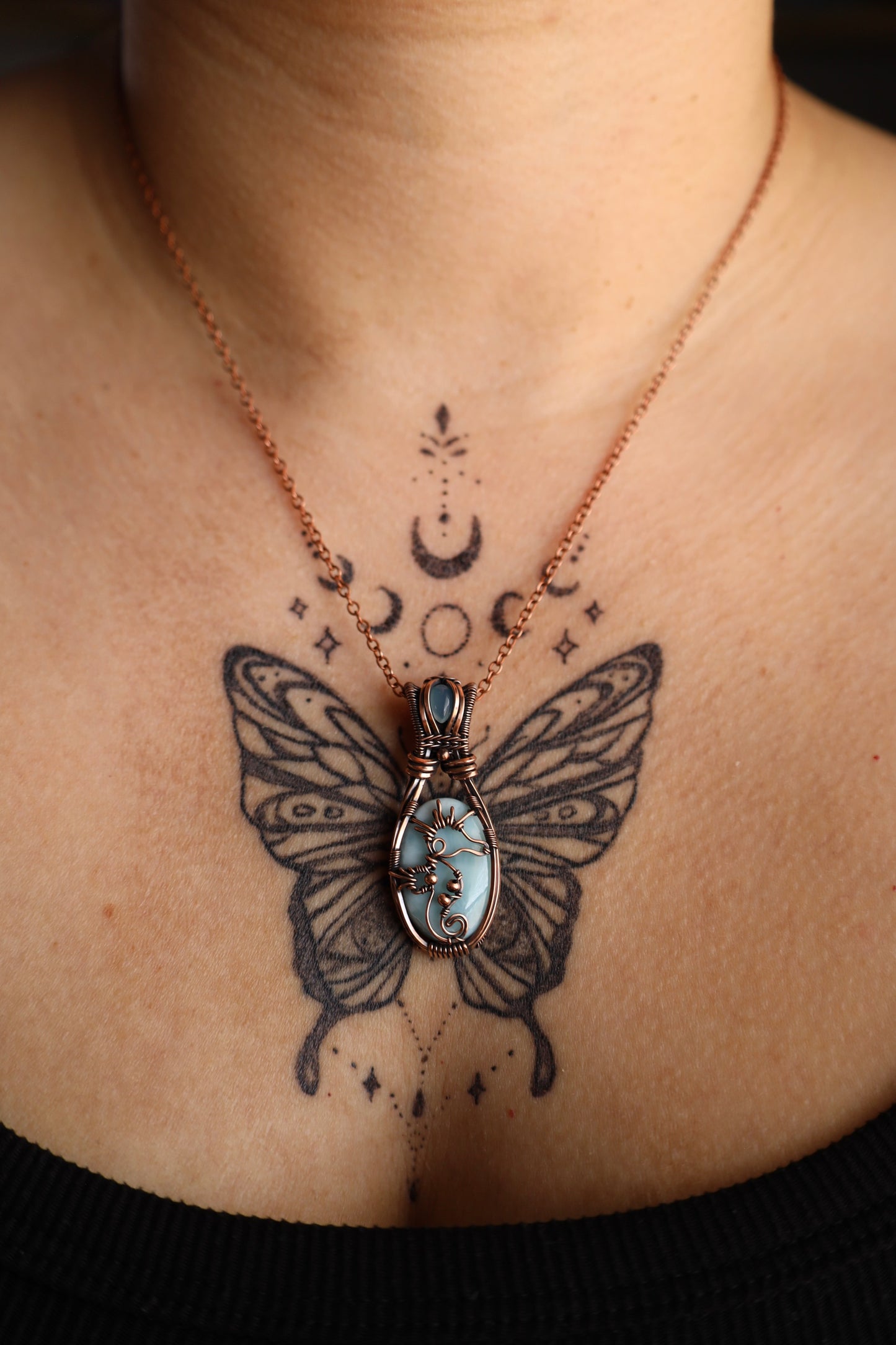 Larimar and Blue Chalcedony Seahorse Copper Pendant