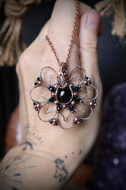 Black Agate and Spinel Bead Wildflower Mandala Pendant in Copper