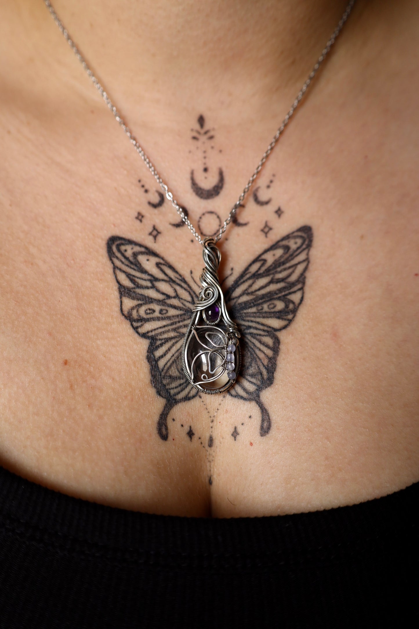 Clear Quartz and Amethyst Butterfly Pendant in Solid Sterling Silver