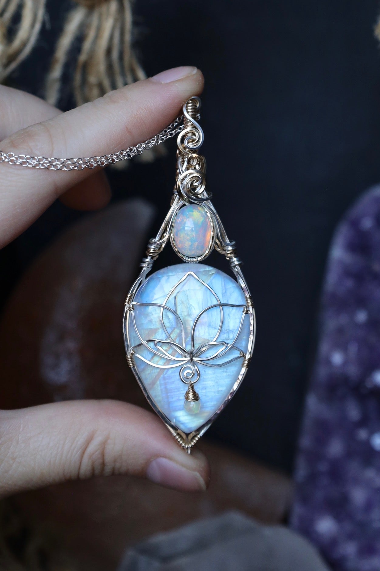 AAA Rainbow Moonstone and Opal Lotus Pendant in 14k Gold Fill and Solid Sterling Silver