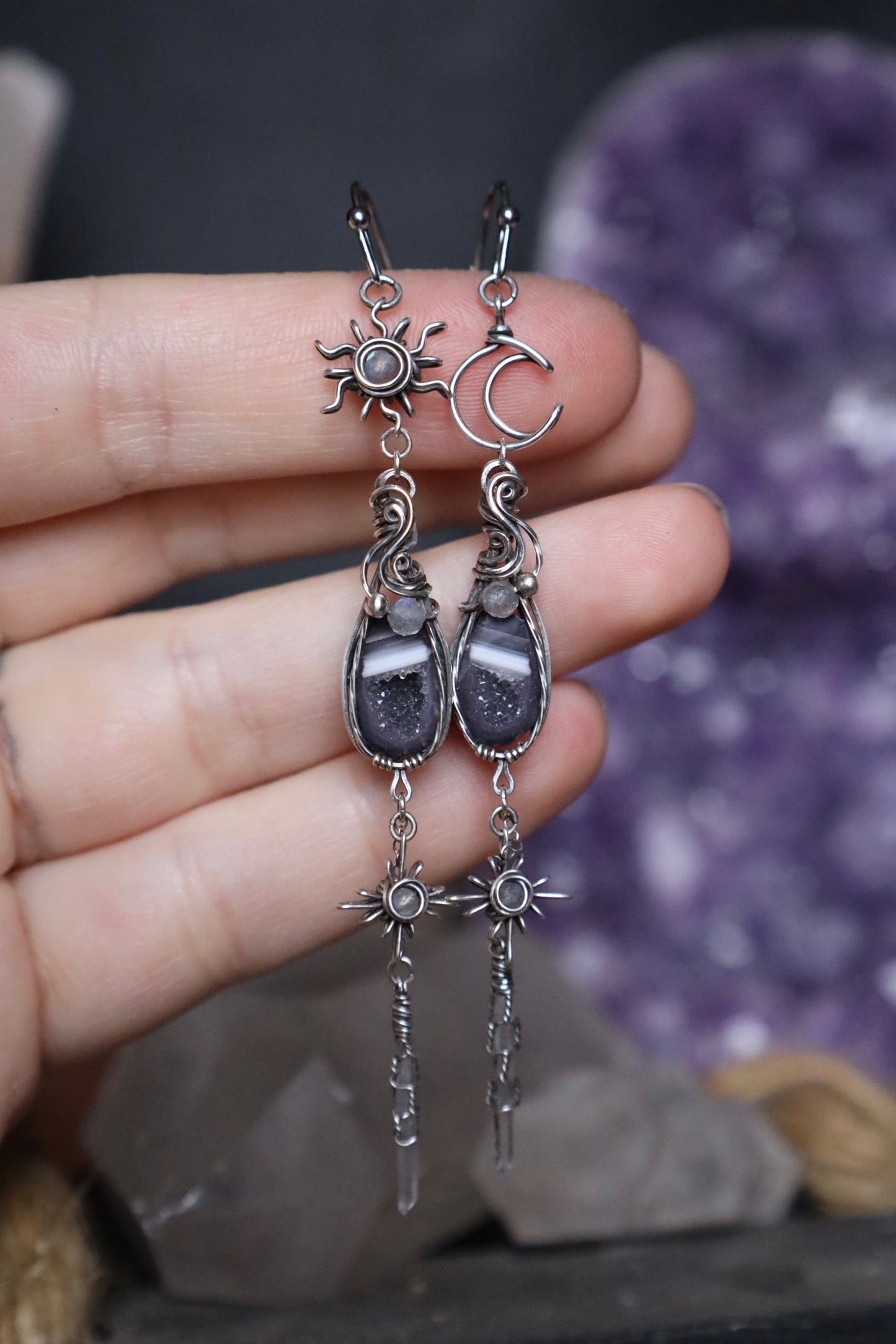 Sun, Moon, and Star Tiny Tabasco Geode Earrings in Antiqued Solid Sterling Silver