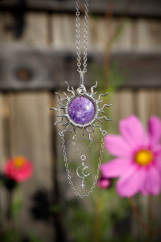 Charoite Sun and Moon Necklace in Solid Sterling Silver