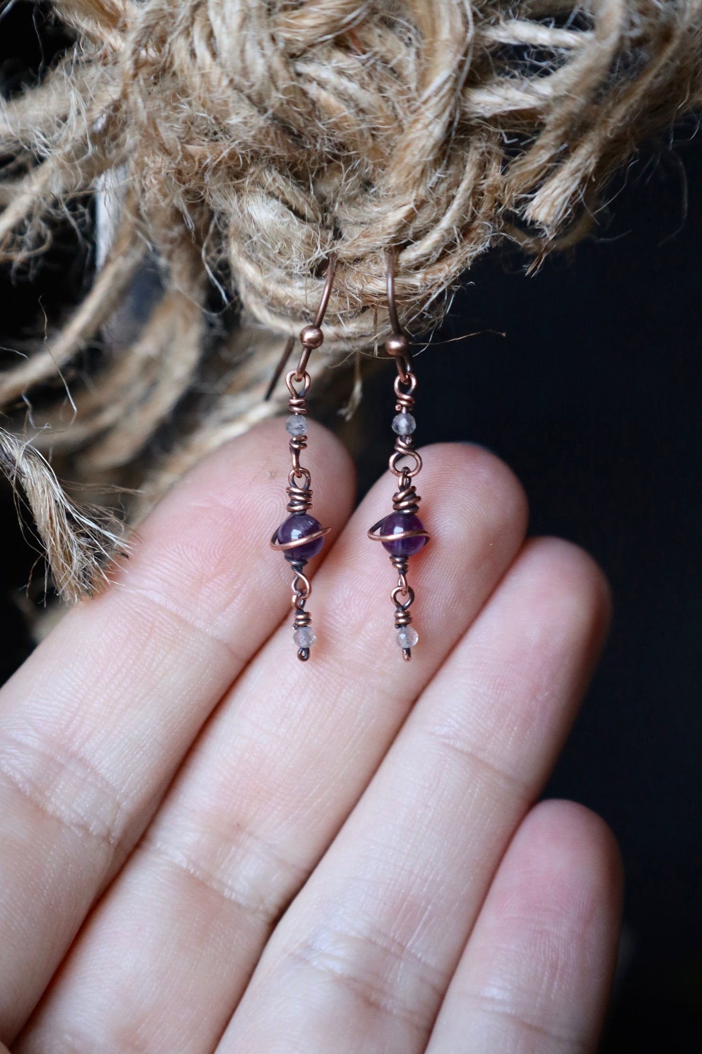 Amethyst and Labradorite Saturn Earrings in Copper