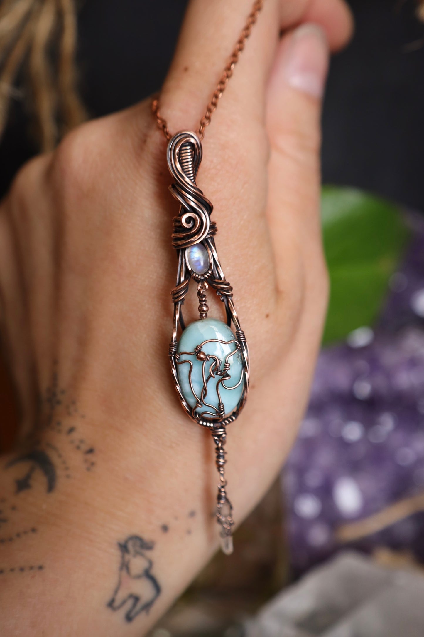 Moonstone, Larimar and Quartz Crystal Dolphin Copper Pendant