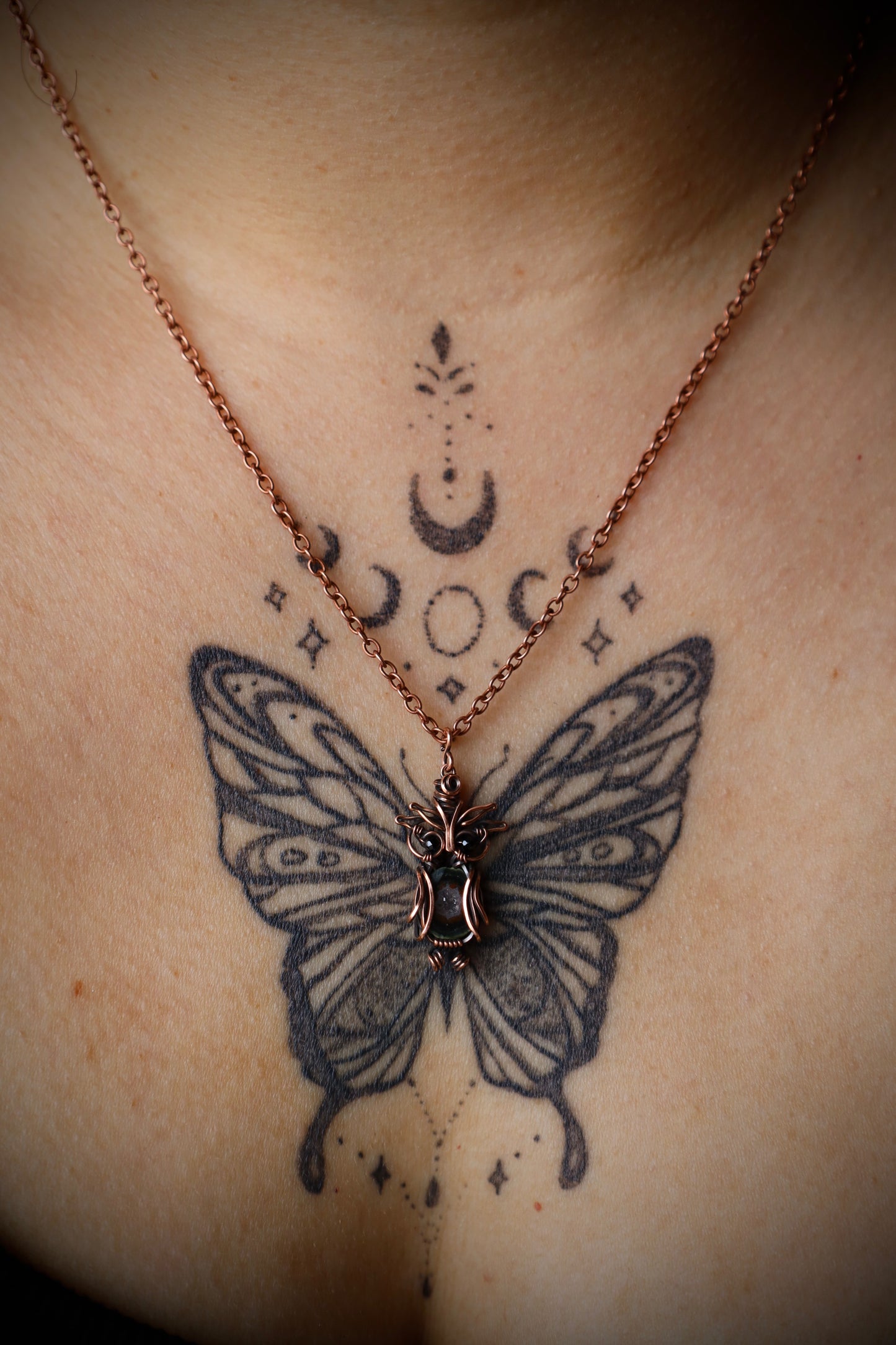 Red and Black Tabasco Geode Micro Owl with Black Spinel Eyes in Copper