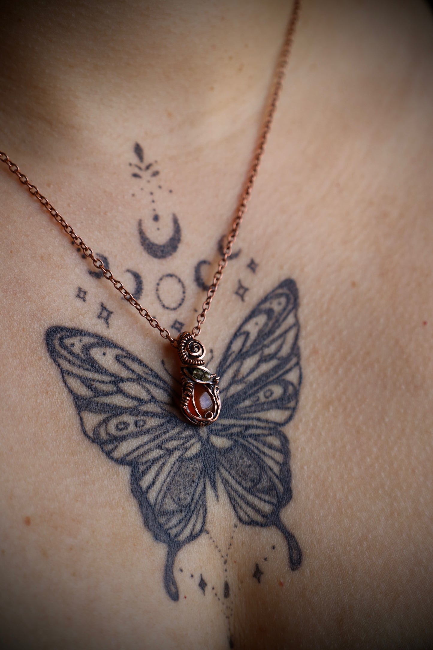 Carnelian Pumpkin and Peridot Leaf Micro Pendant in Copper