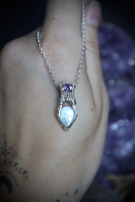 Moonstone and Amethyst Mini Pendant in Solid Sterling Silver