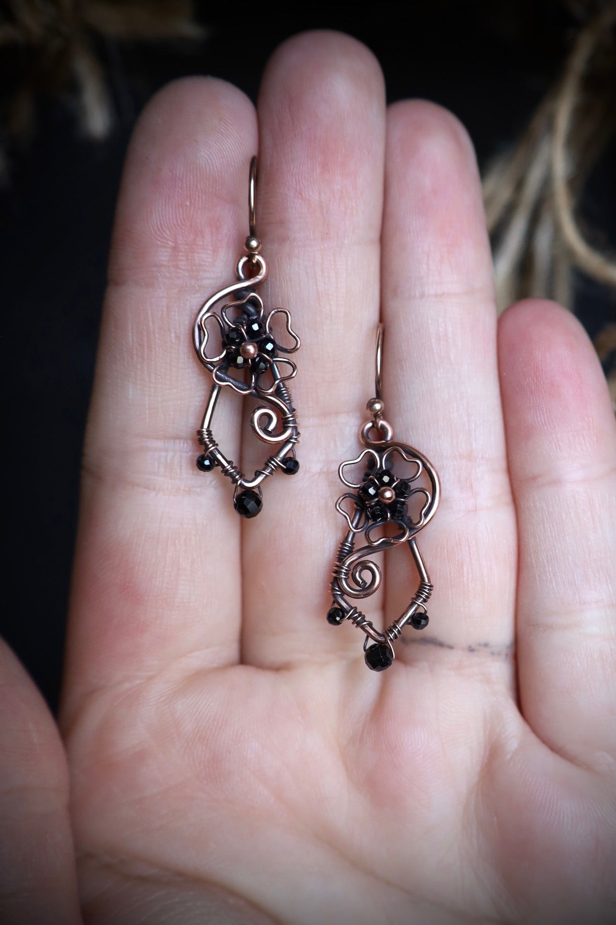 Black Spinel Wildflower Earrings in Copper