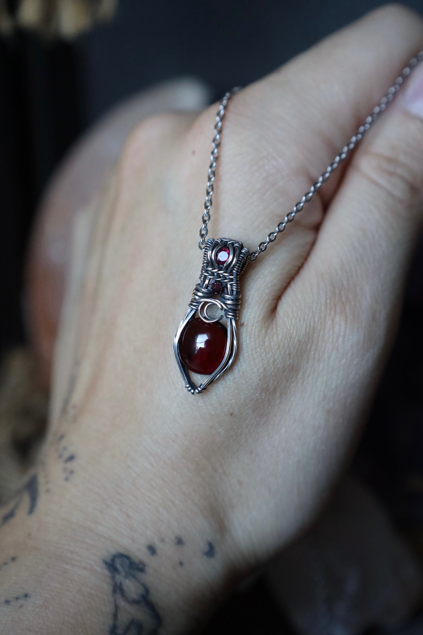 Garnet and Tourmaline Mini Moon Pendant in Solid Sterling Silver