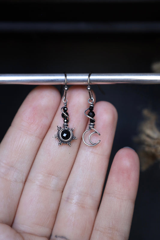 Sun and Moon Black Spinel Earrings in Solid Sterling Silver