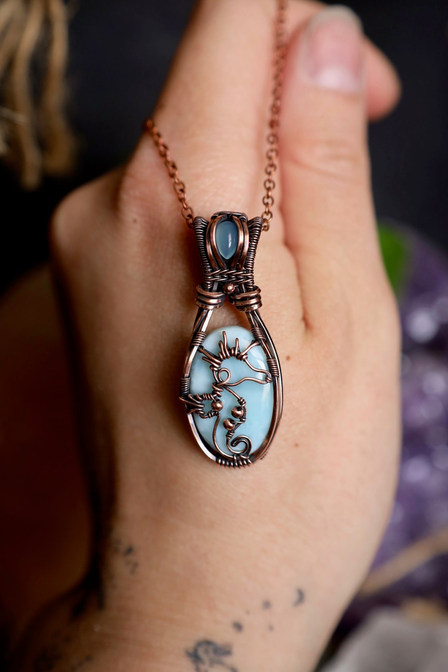 Larimar and Blue Chalcedony Seahorse Copper Pendant