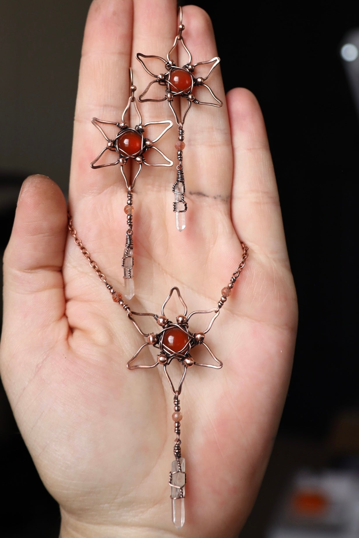 Boho Carnelian and Quartz Crystal Flower Copper Necklace and Earring Set