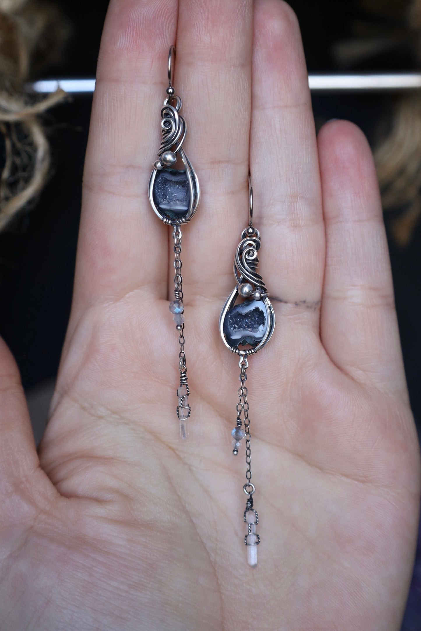 Tabasco Geode Labradorite and Quartz Crystal Dangle Earrings in Solid Sterling Silver