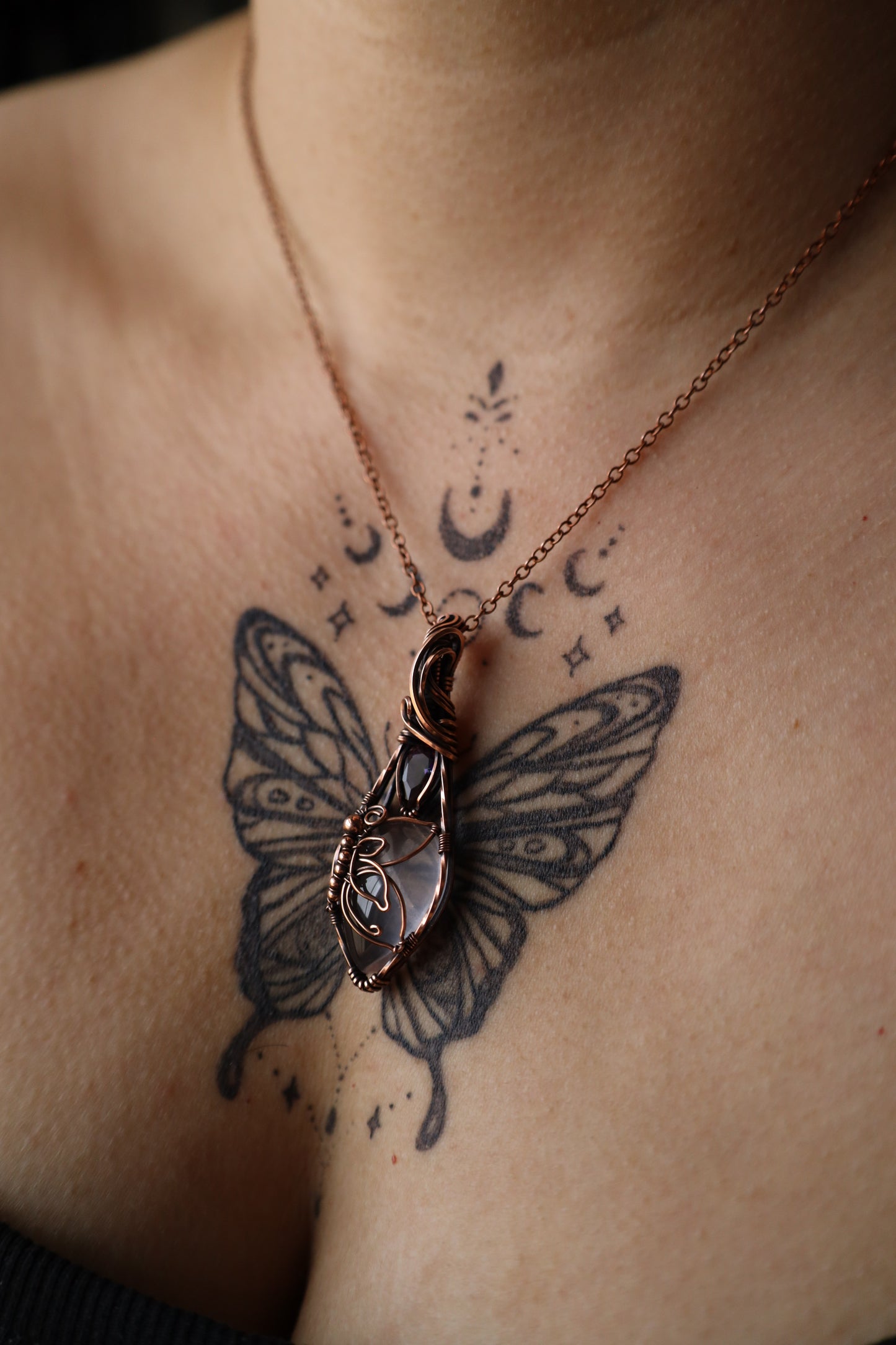 Rose Quartz and Mystic Topaz Butterfly Copper Pendant