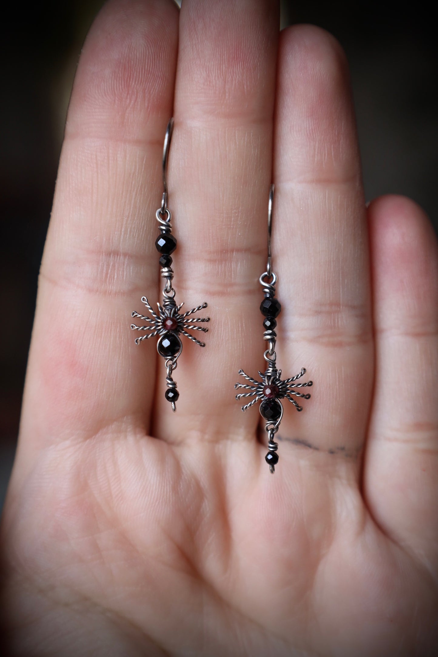 Black Spinel and Garnet Tiny Silver Spider Earrings