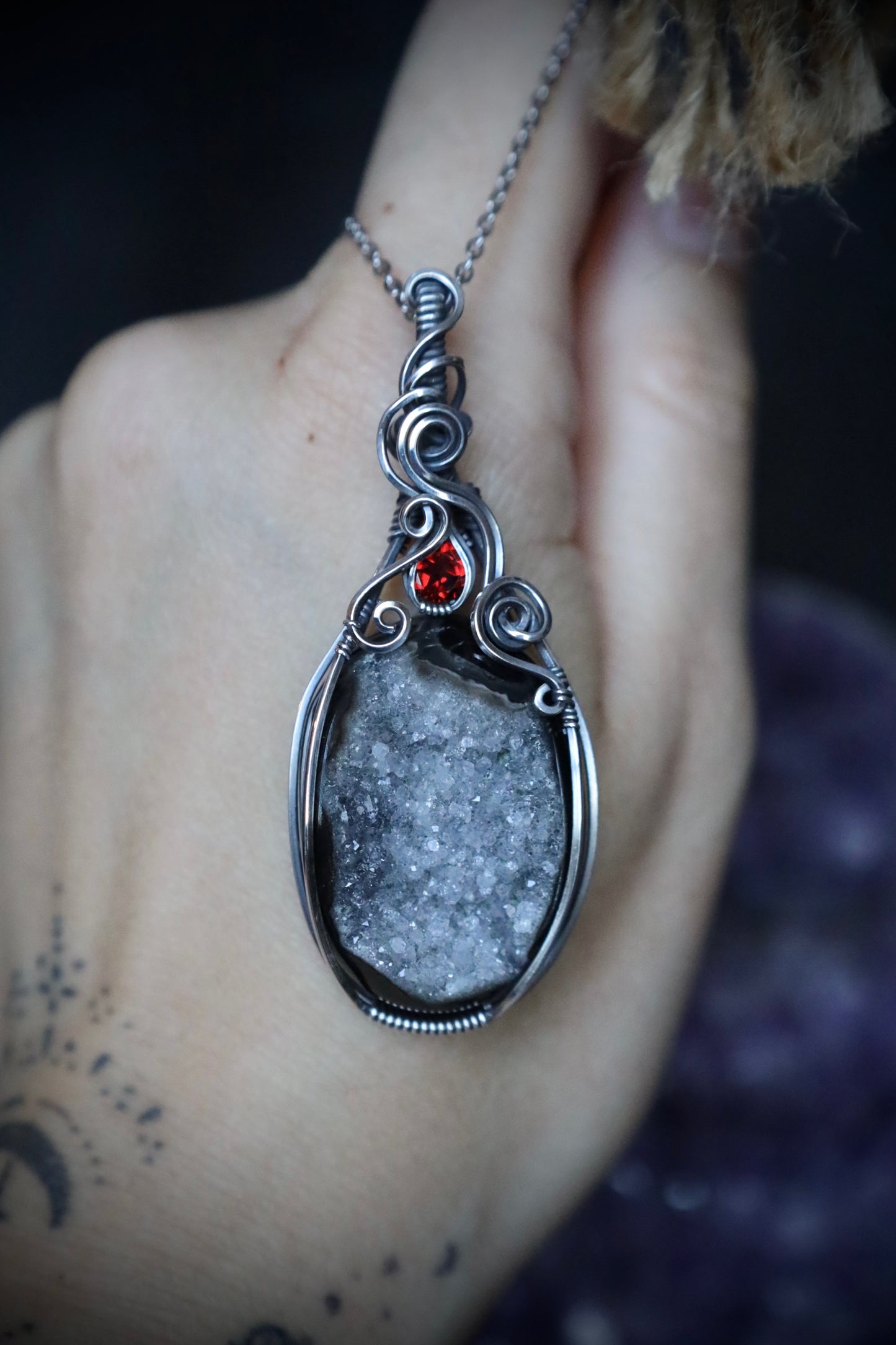 Garnet and Druzy Agate in Solid Sterling Silver