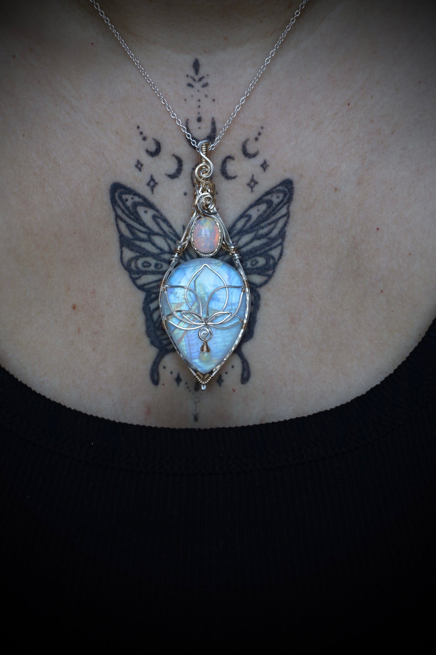 AAA Rainbow Moonstone and Opal Lotus Pendant in 14k Gold Fill and Solid Sterling Silver