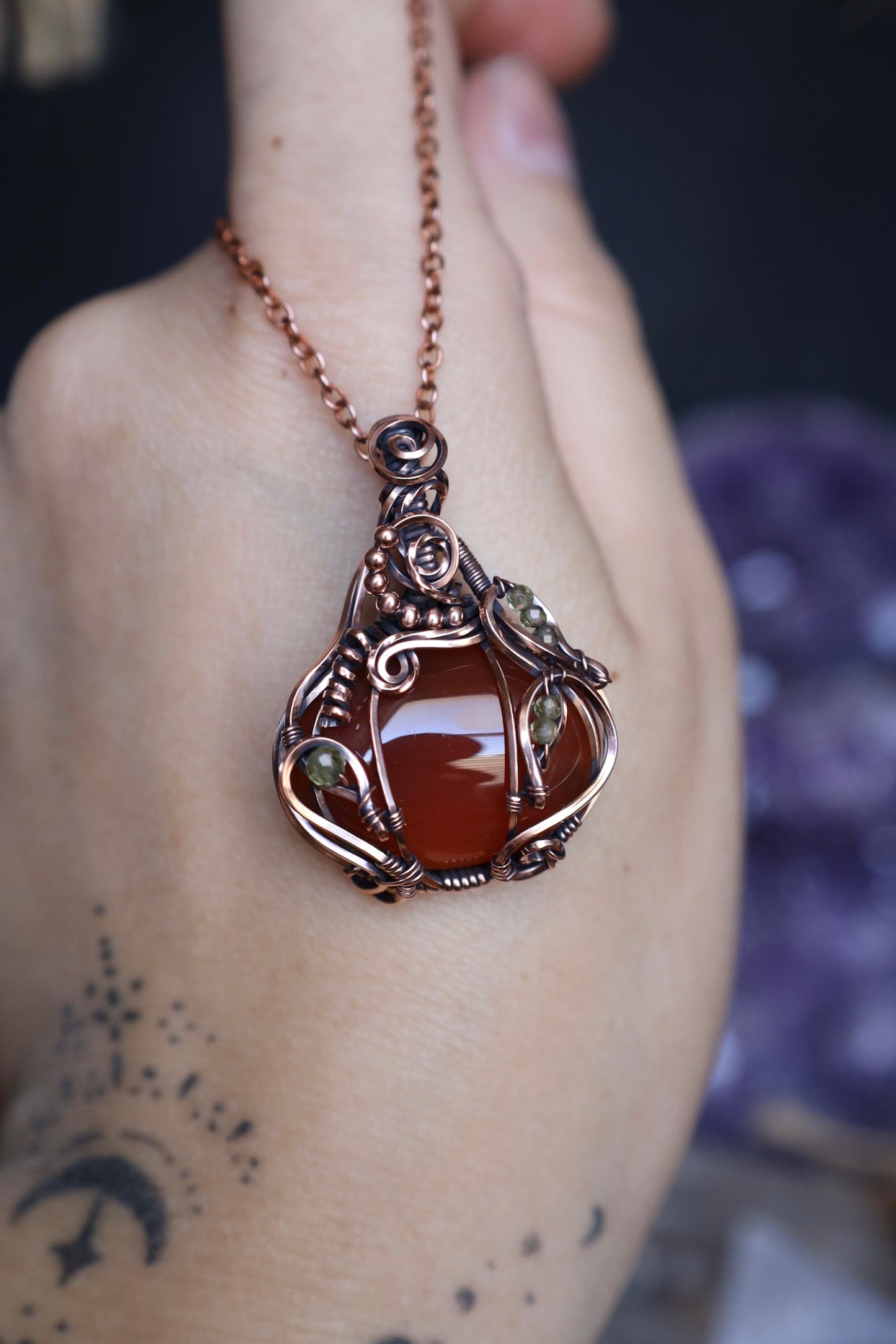 Carnelian and Peridot Pumpkin Copper Pendant