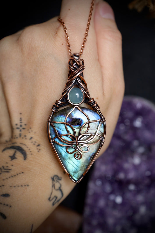 Statement Size-Labradorite and Blue Chalcedony Lotus Pendant in Copper