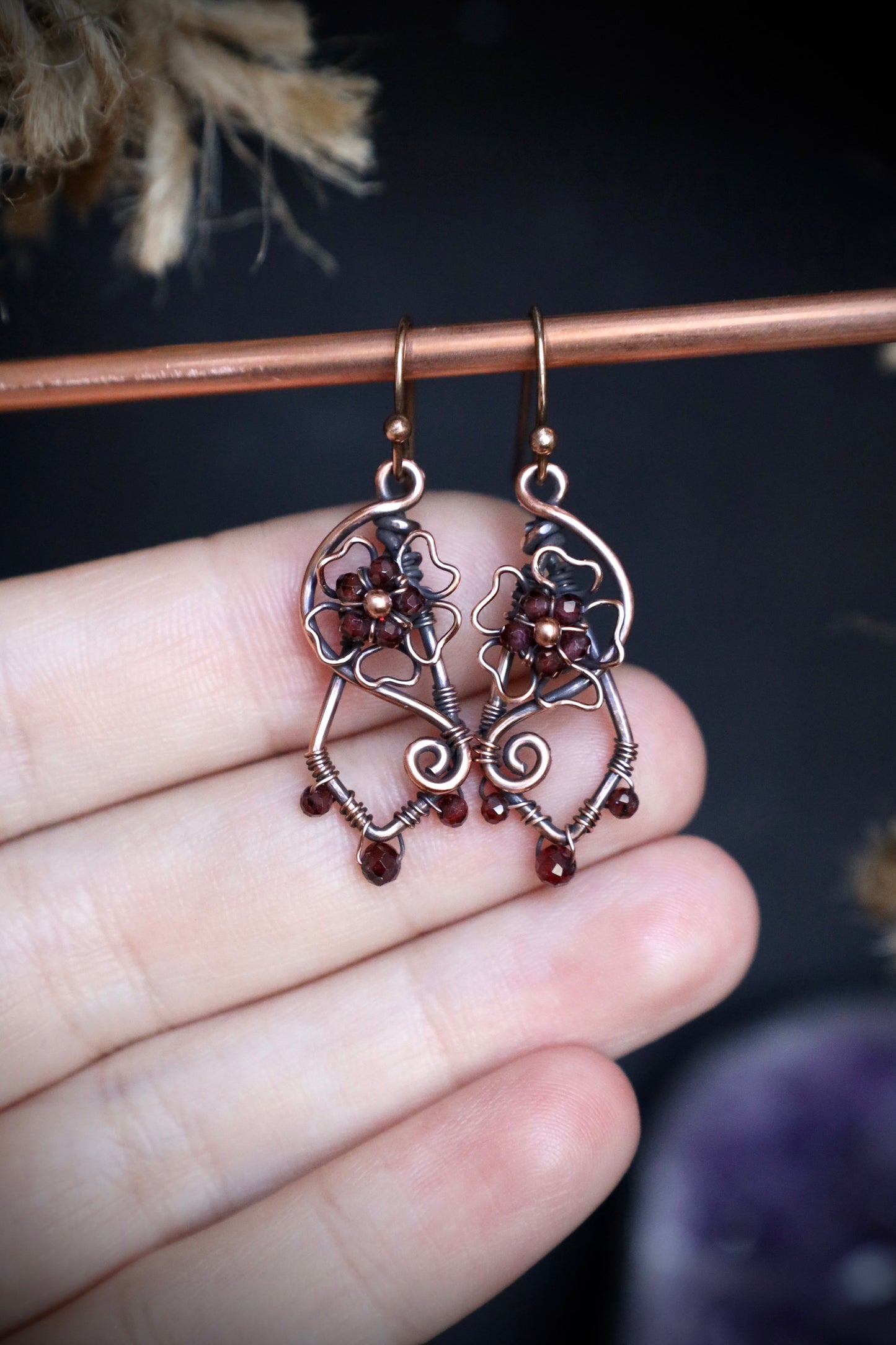 Garnet Wildflower Earrings in Copper