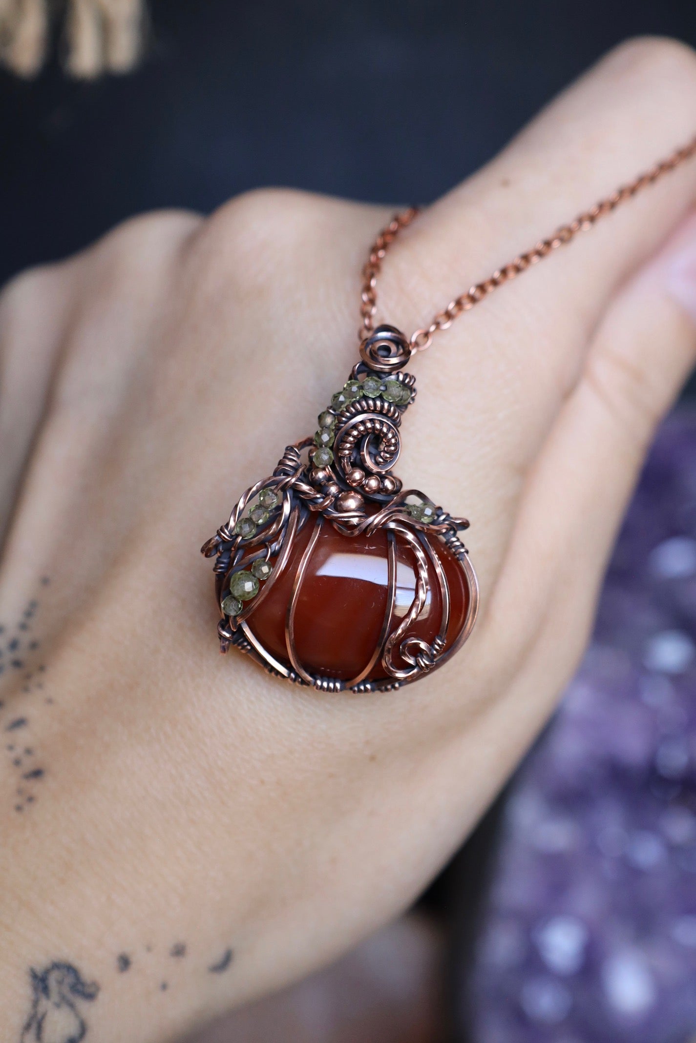 Carnelian and Peridot Pumpkin Copper Pendant