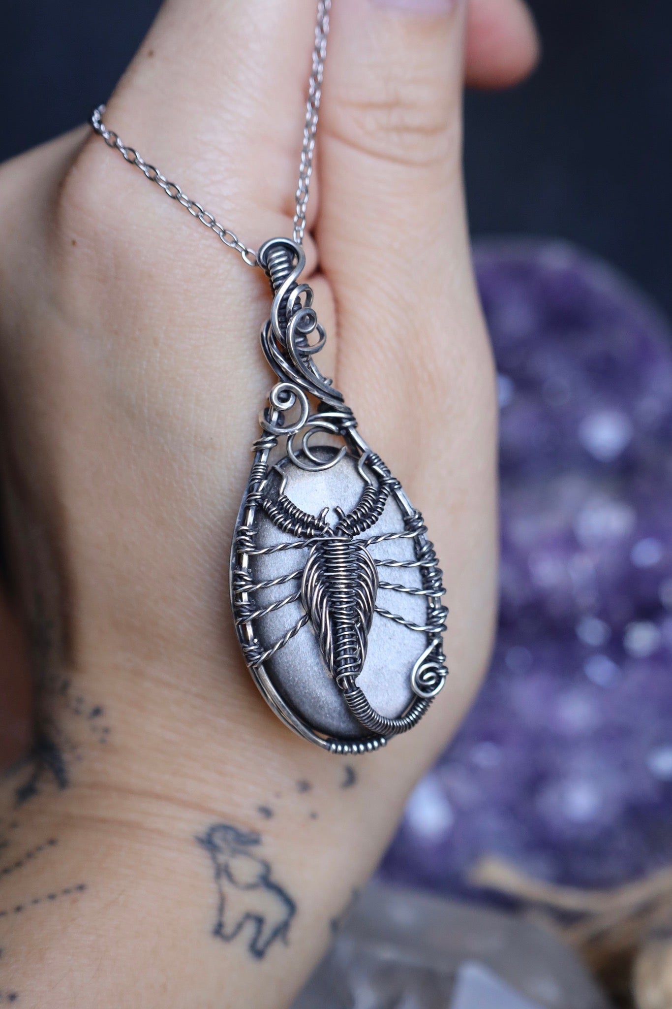 Silver Sheen Obsidian Scorpion Moon Pendant in Solid Sterling Silver