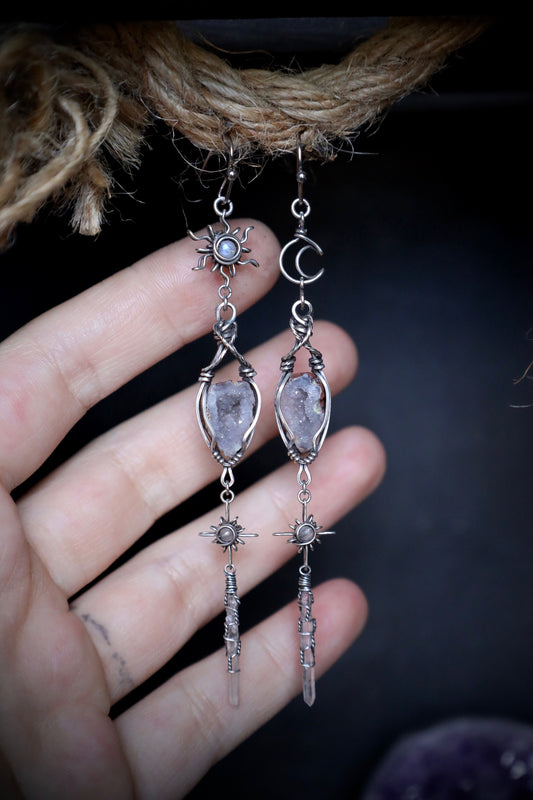 Tabasco Geode, Quartz Crystal and Moonstone Sun, Moon, and Star Earrings in Solid Sterling Silver