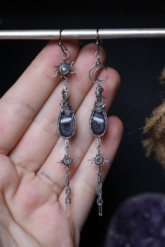 Sun, Moon, and Star Tiny Tabasco Geode Earrings in Antiqued Solid Sterling Silver