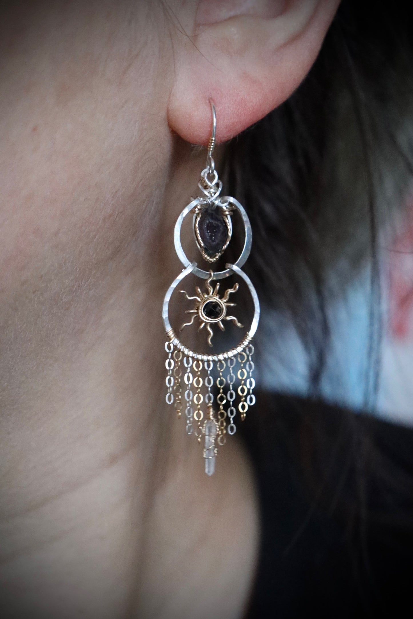 Sun/Moon Tiny Geode and Quartz Boho Earrings in Mixed Metal