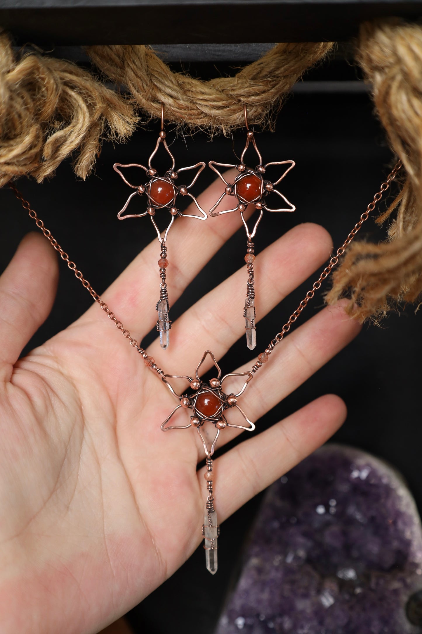 Boho Carnelian and Quartz Crystal Flower Copper Necklace and Earring Set