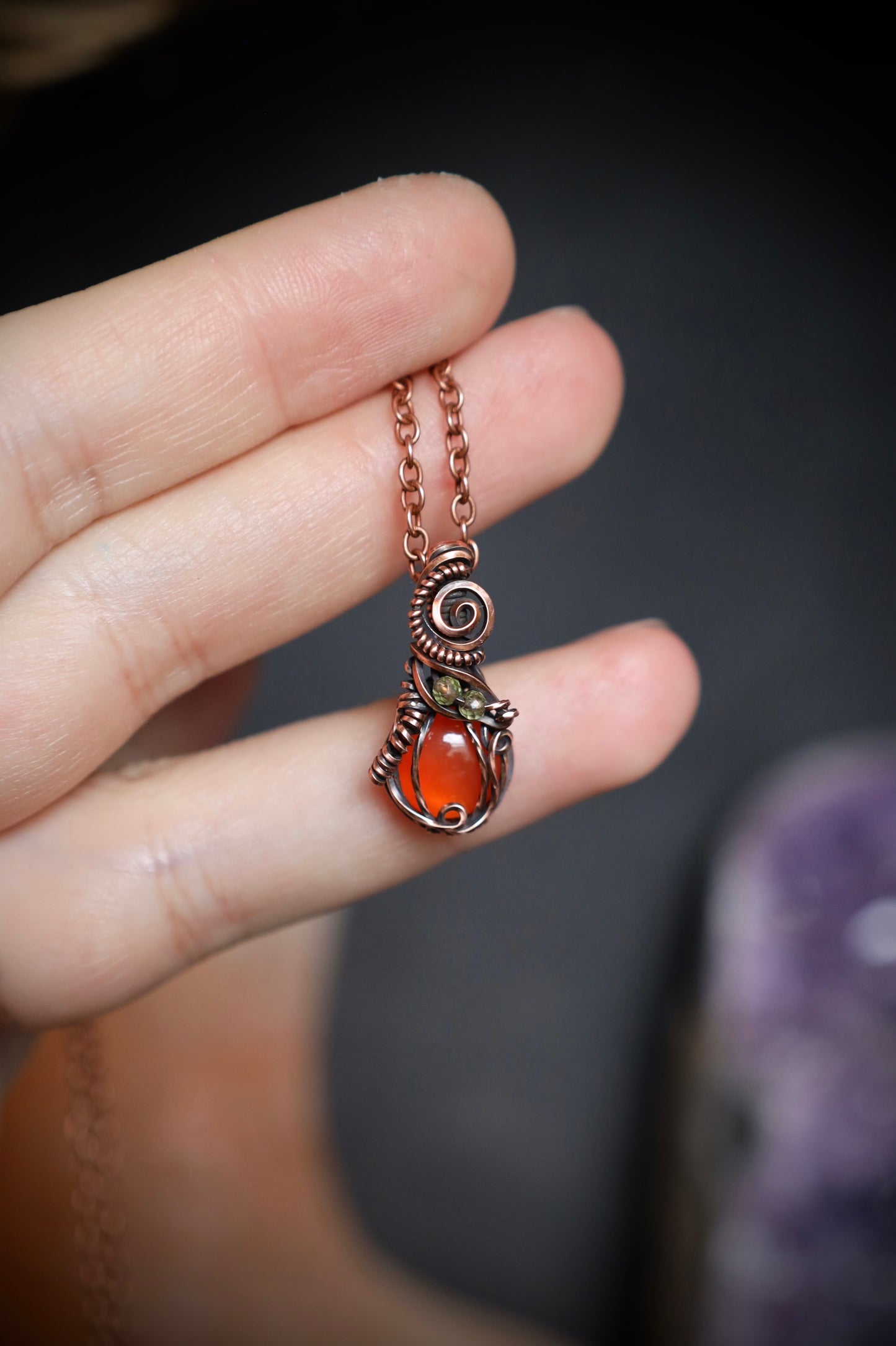 Carnelian Pumpkin and Peridot Leaf Micro Pendant in Copper