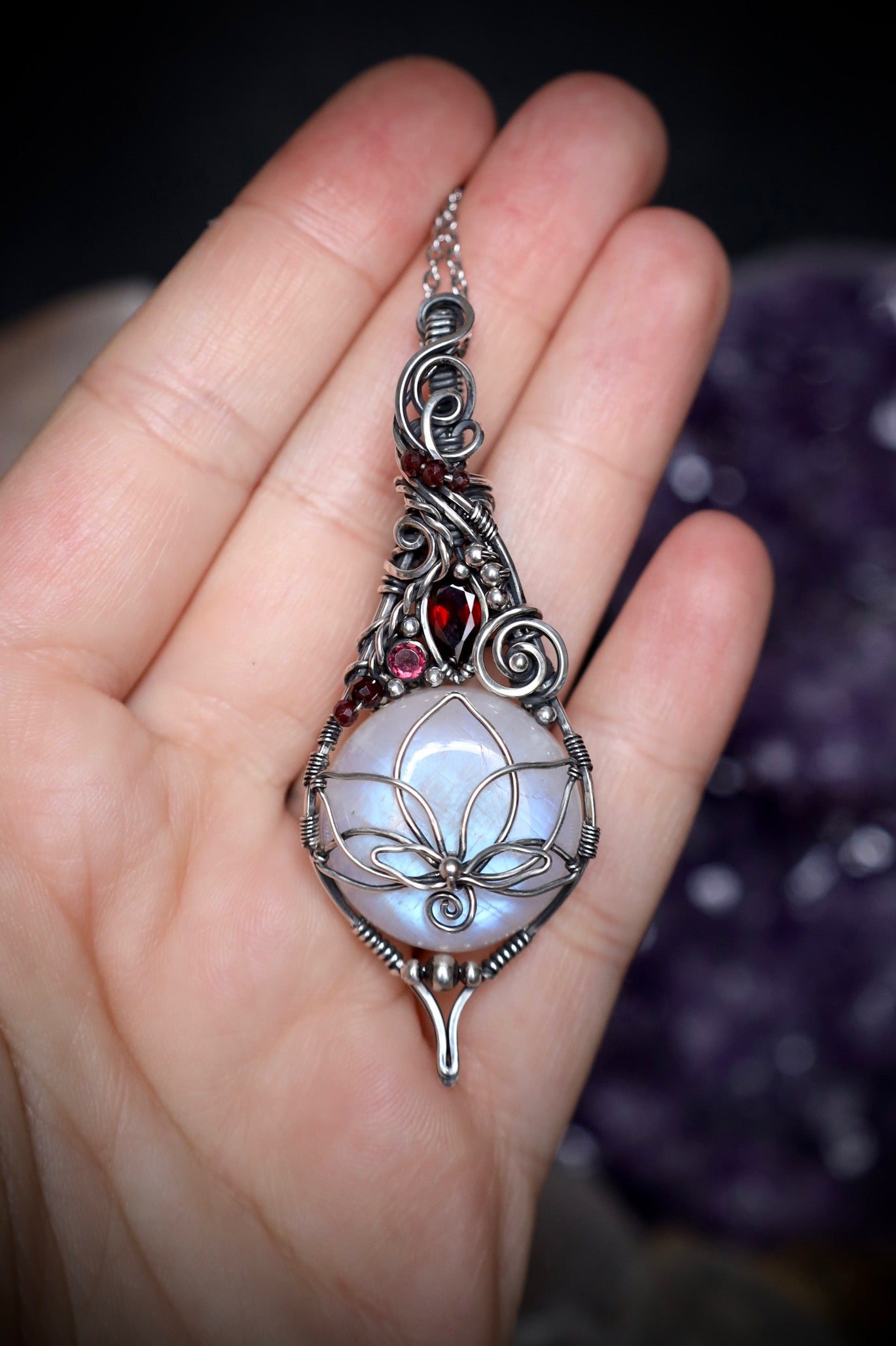 Moonstone, Garnet and Pink Tourmaline Lotus Pendant in Solid Sterling Silver