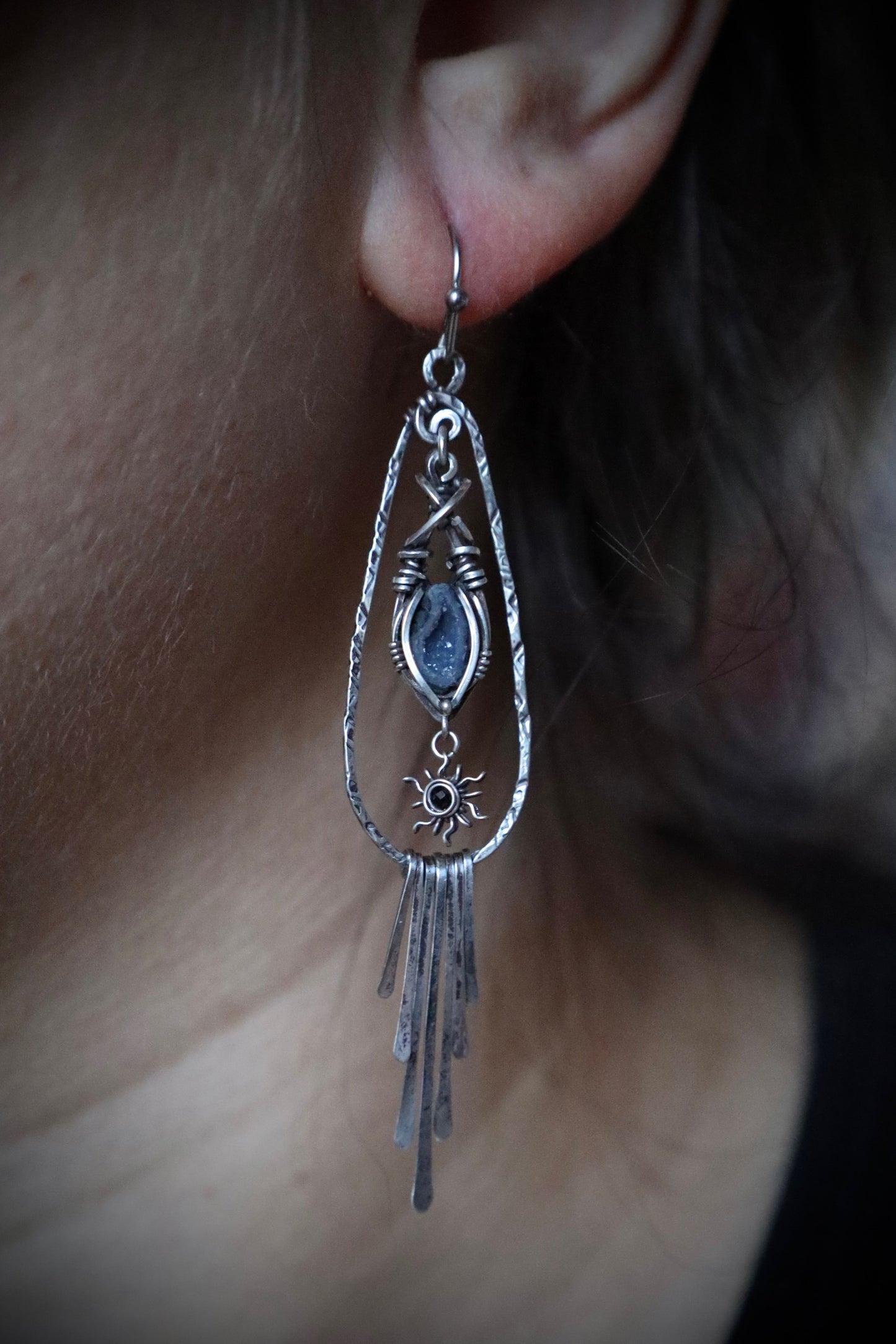 Black Spinel Sun and Tiny Geode Boho Earrings in Antiqued Solid Sterling Silver