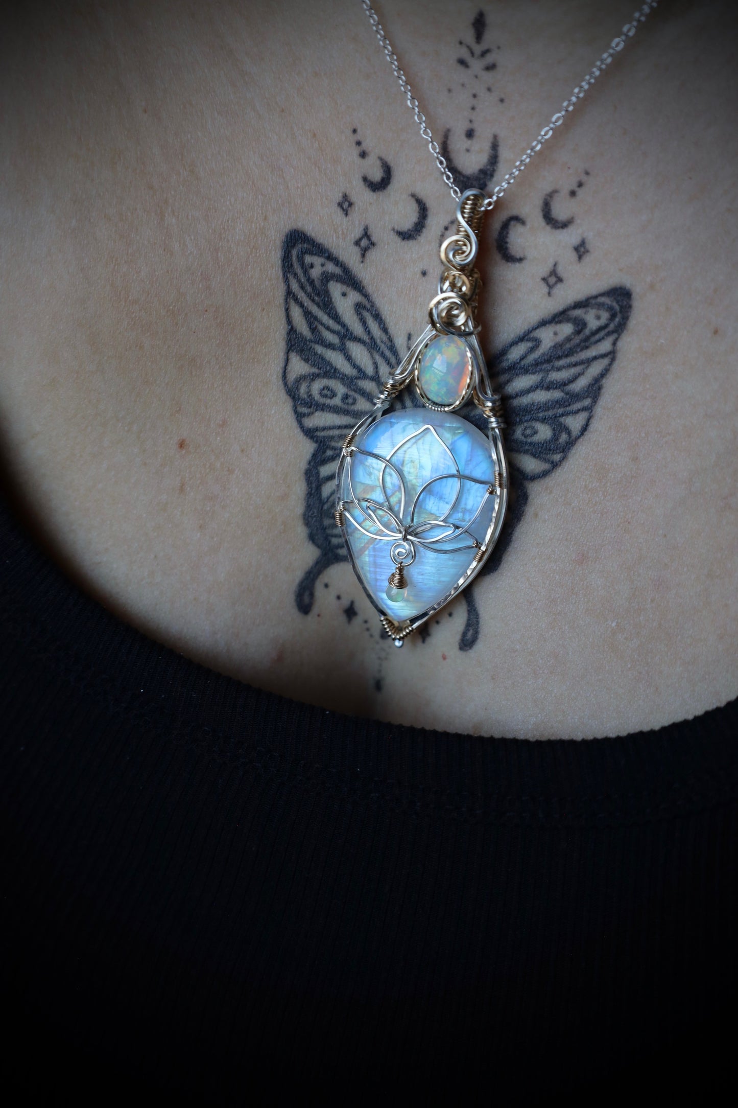 AAA Rainbow Moonstone and Opal Lotus Pendant in 14k Gold Fill and Solid Sterling Silver