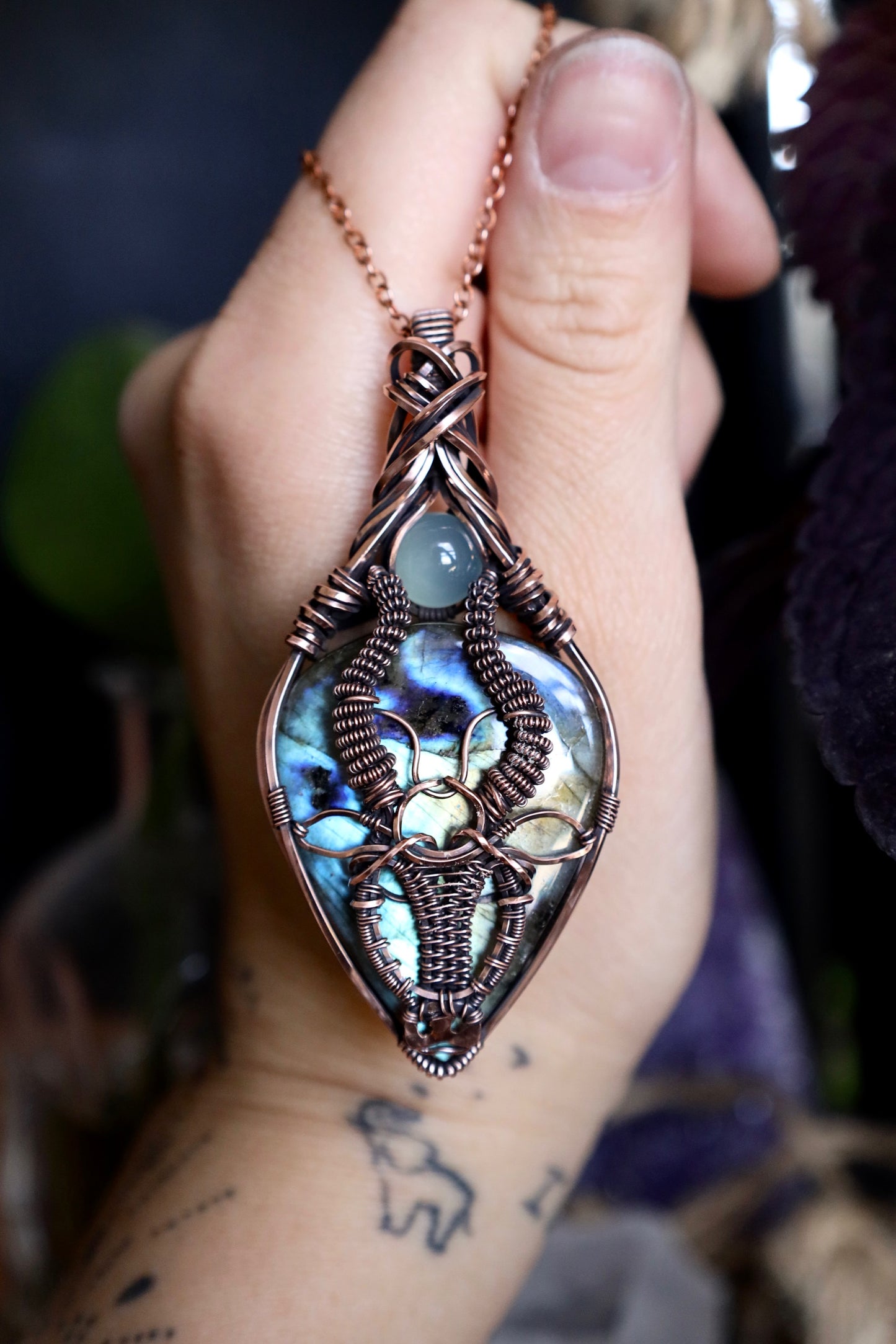 Labradorite and Aqua Chalcedony Taurus Zodiac Copper Pendant