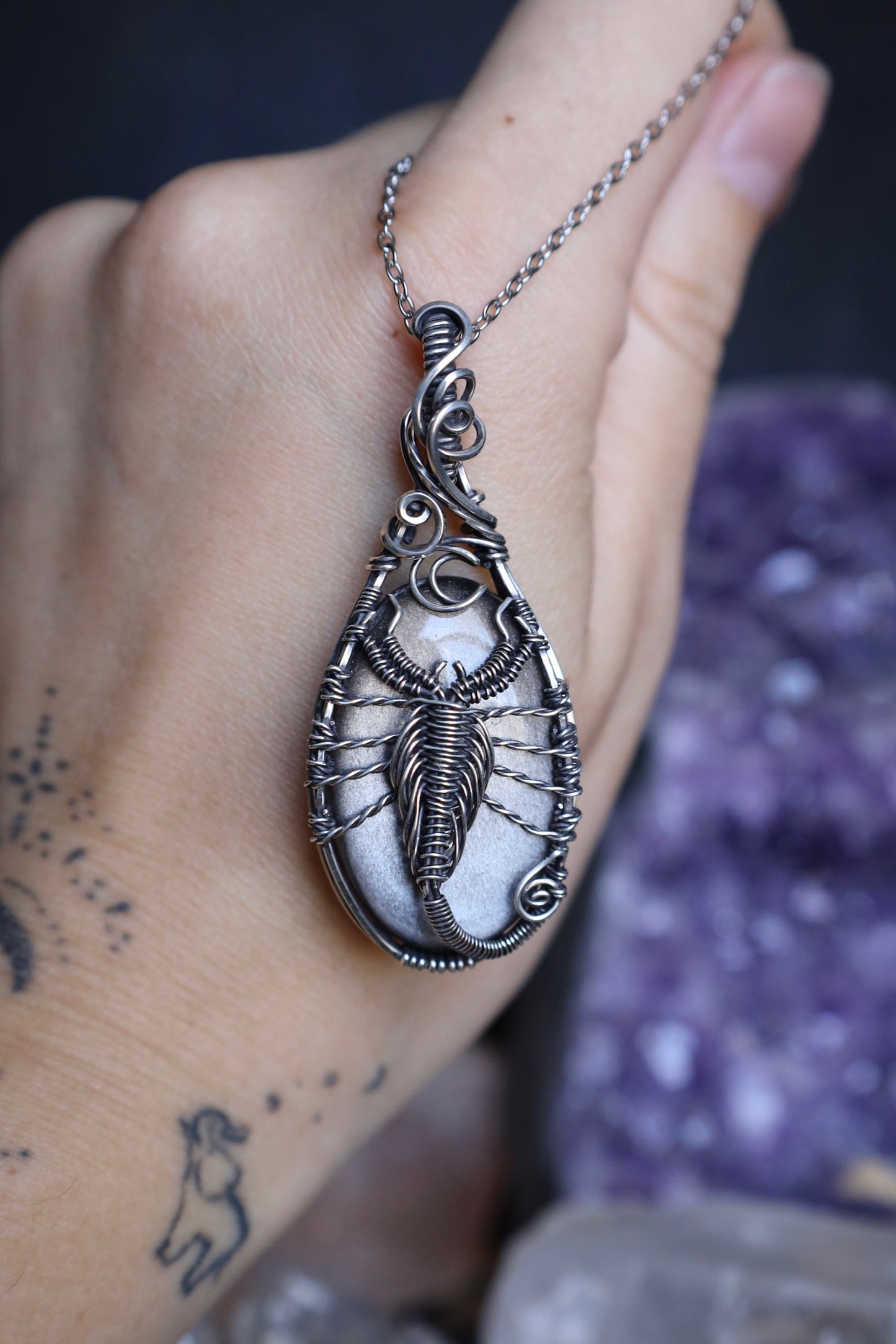 Silver Sheen Obsidian Scorpion Moon Pendant in Solid Sterling Silver