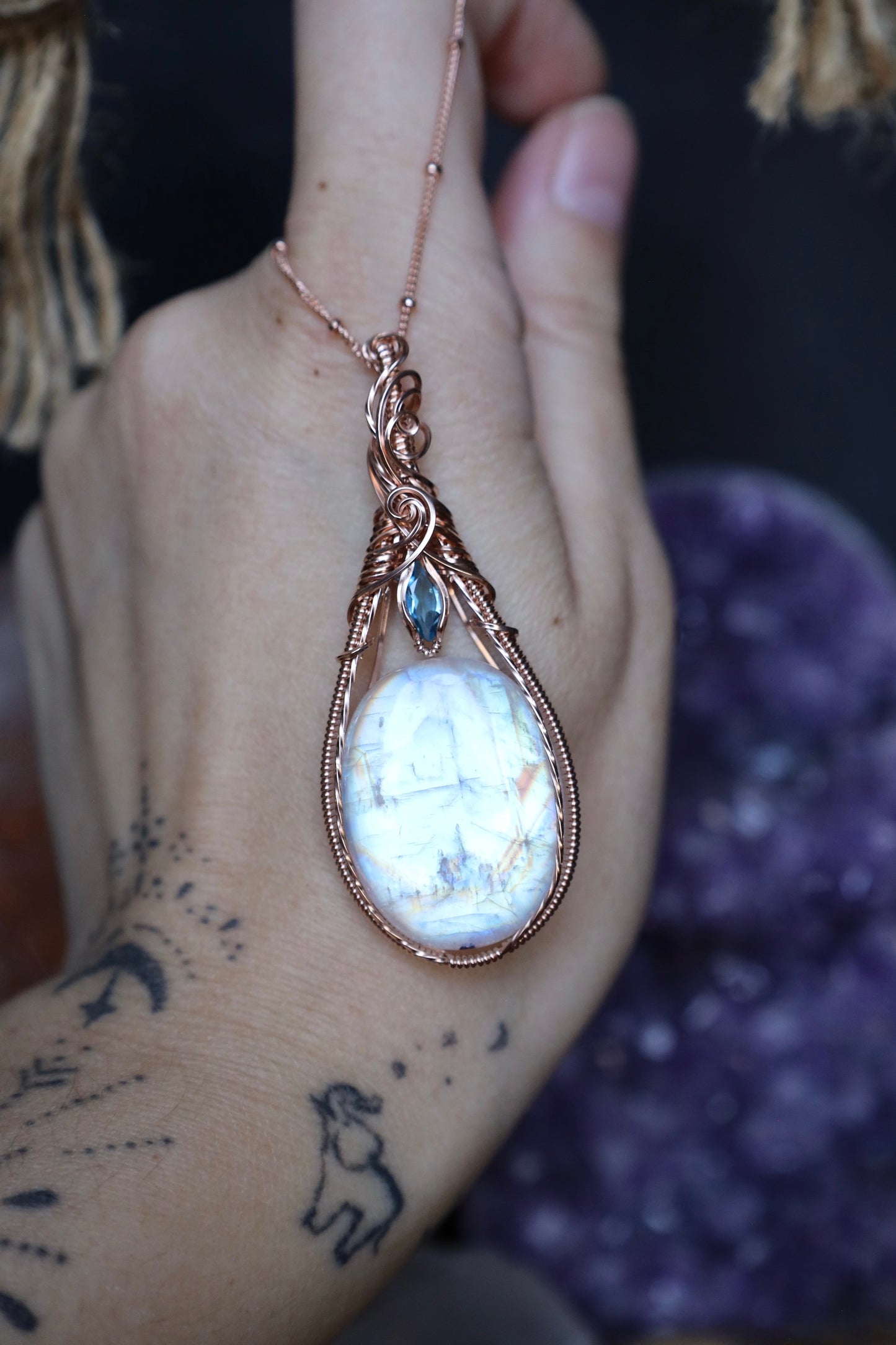 Moonstone and Blue Topaz Pendant in 14k Rose Gold Fill