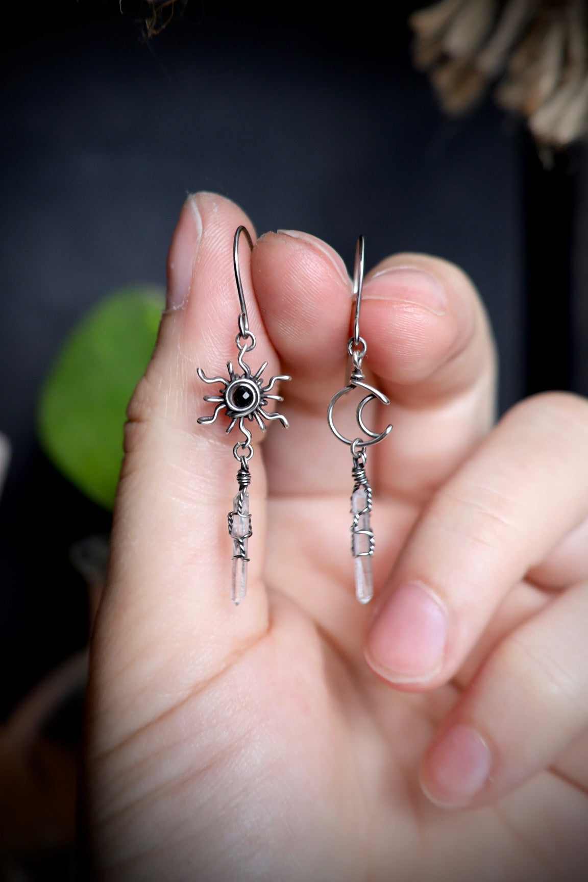 Black Spinel Sun, Moon and Quartz Crystal Earrings in Solid Sterling Silver