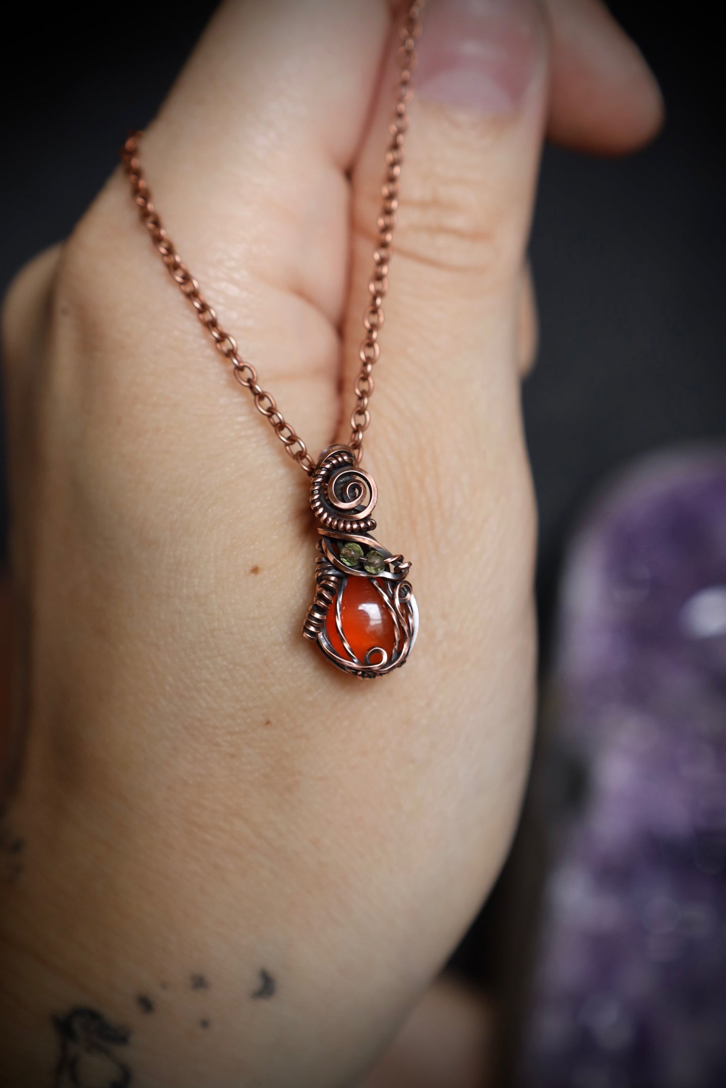 Carnelian Pumpkin and Peridot Leaf Micro Pendant in Copper