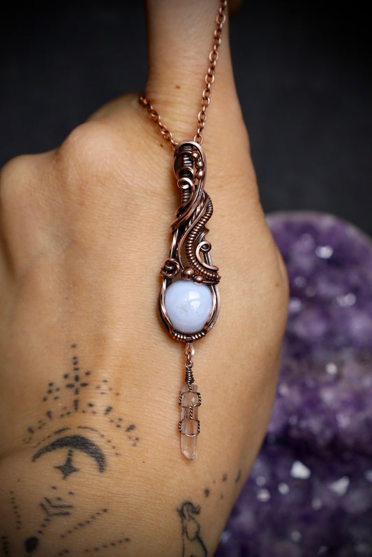 Blue Lace Agate and Quartz Crystal Copper Pendant