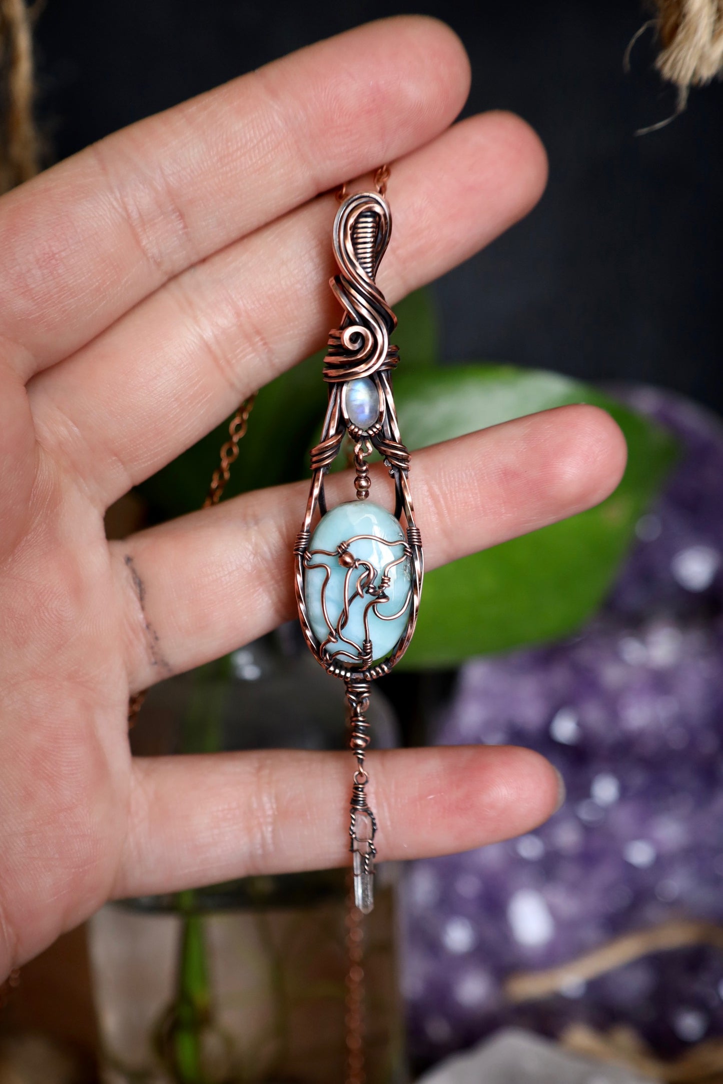 Moonstone, Larimar and Quartz Crystal Dolphin Copper Pendant