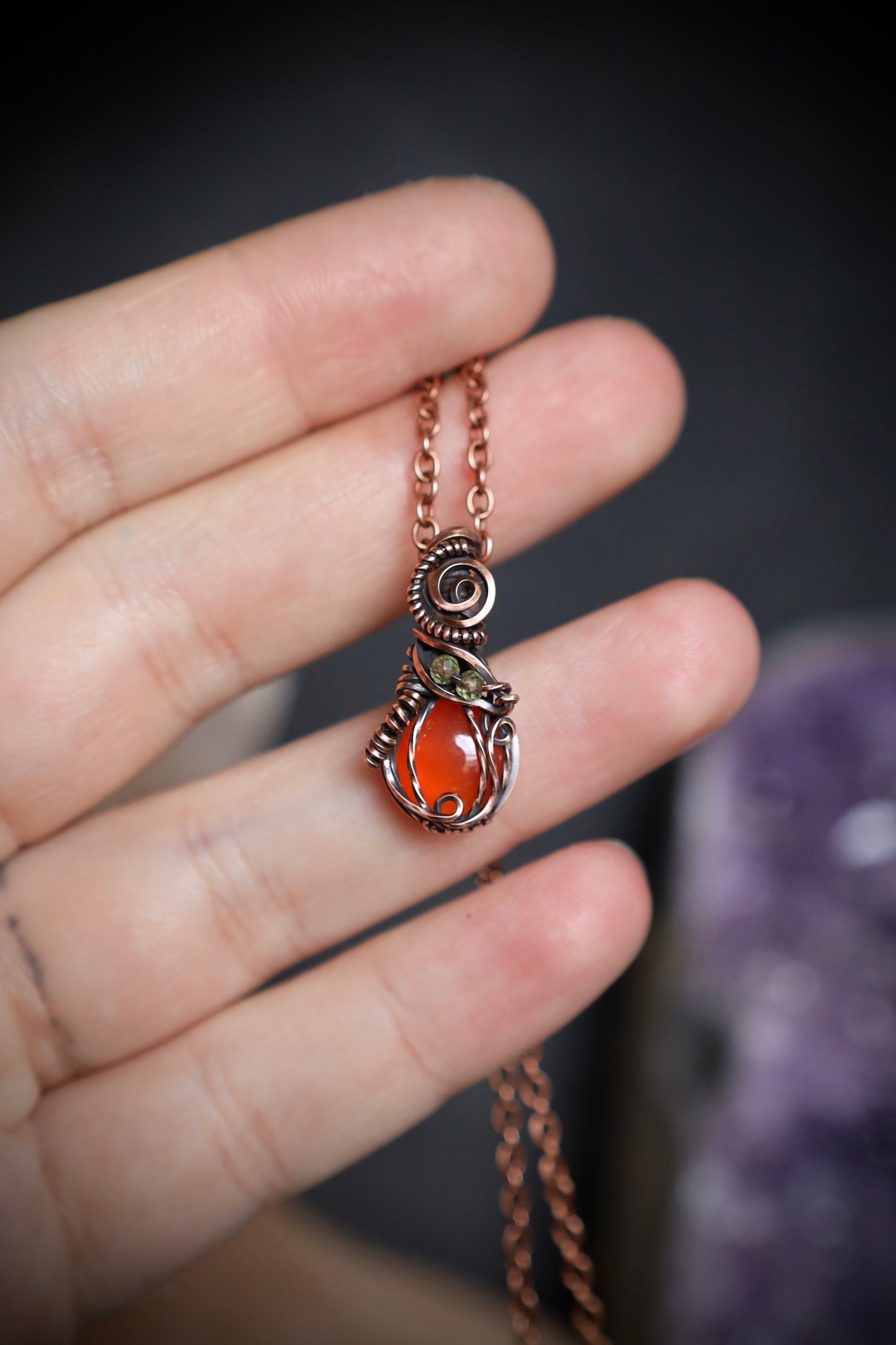 Carnelian Pumpkin and Peridot Leaf Micro Pendant in Copper