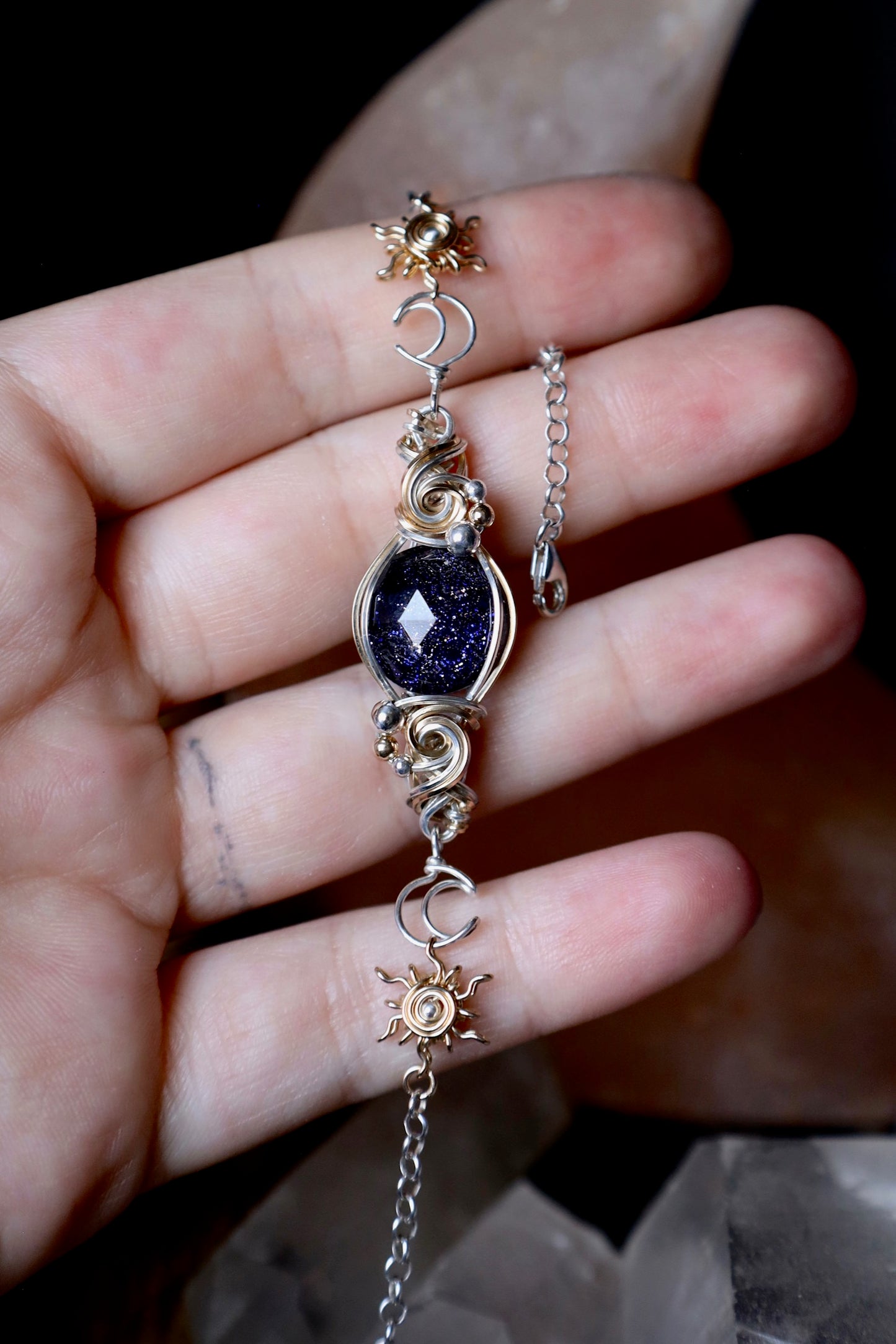 Blue Goldstone Sun and Moon Bracelet in 14k Goldfill and Sterling Silver