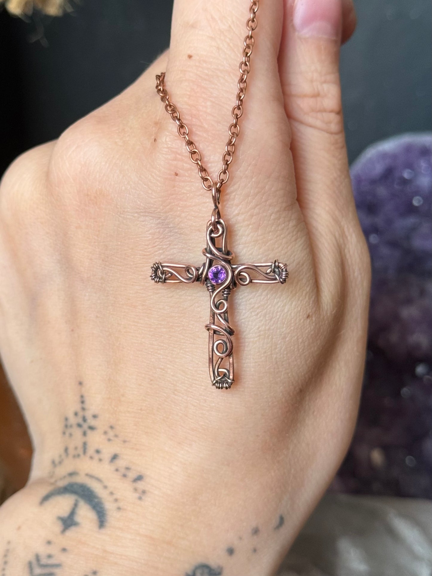 Amethyst Cross Pendant in Copper