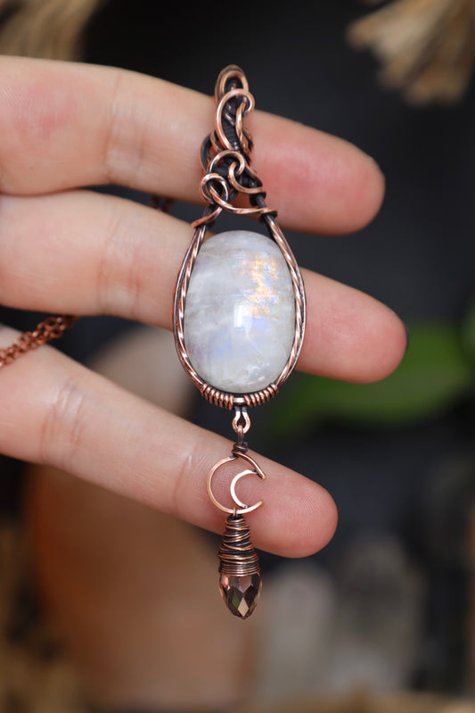 Moonstone, Moon and Soft Pink Crystal Pendant