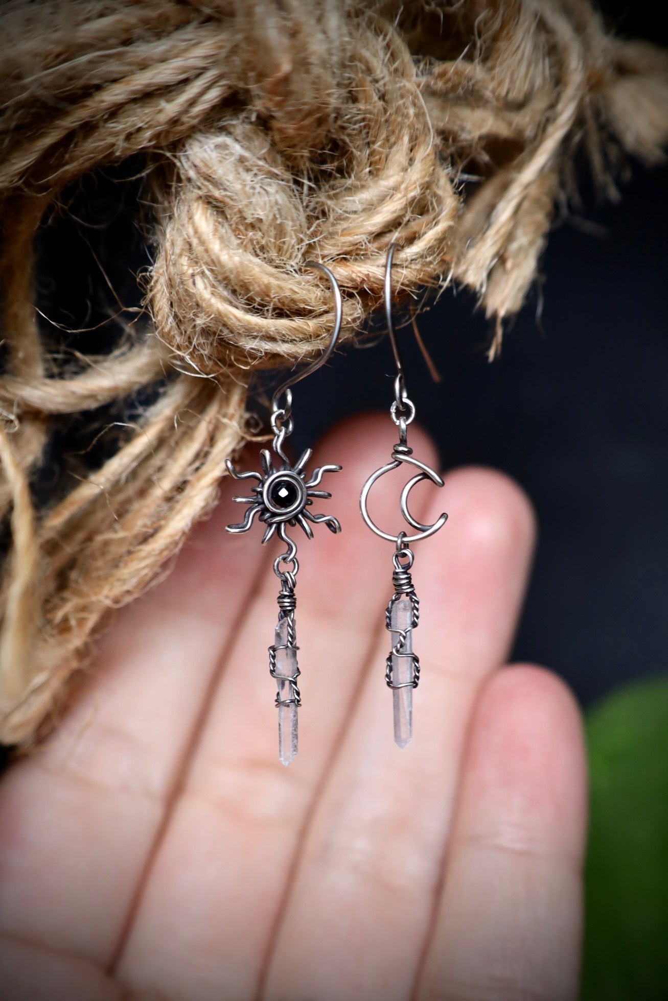 Black Spinel Sun, Moon and Quartz Crystal Earrings in Solid Sterling Silver